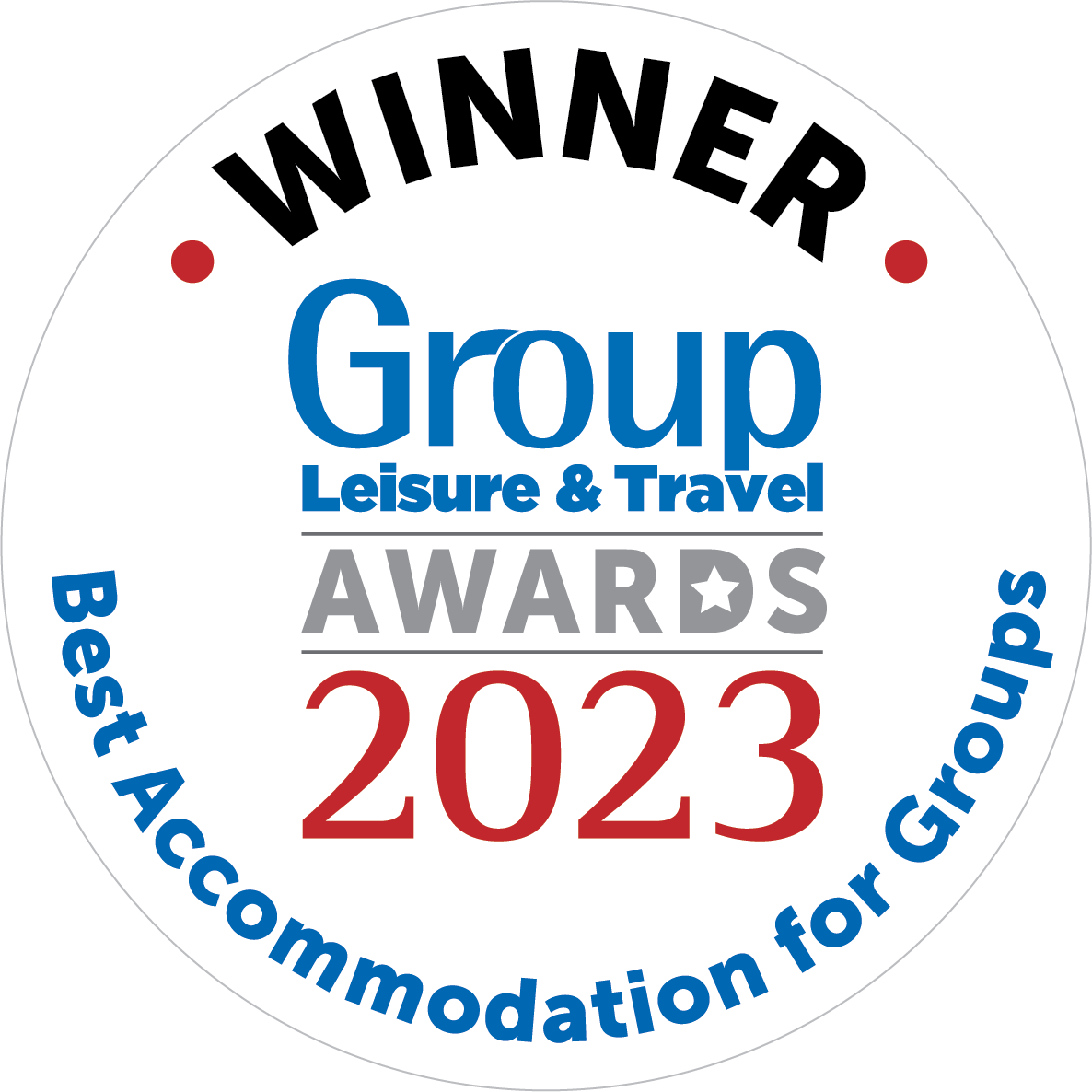 Group, Leisure & Travel Awards 2023 winner of Best Accommodation for Groups logo